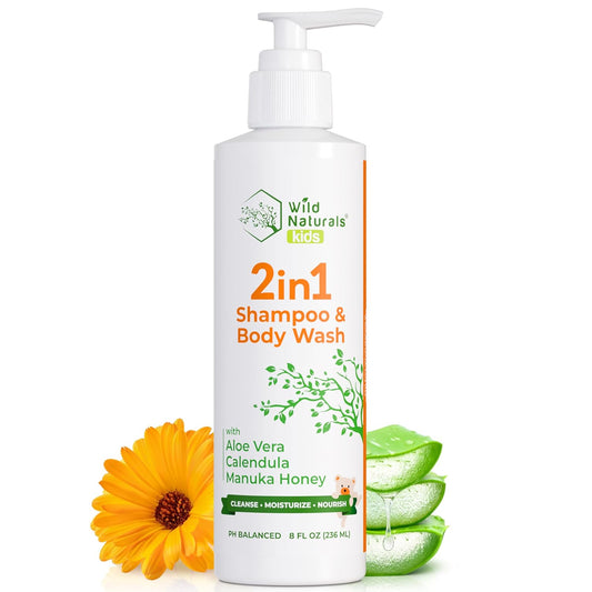 Wild Naturals Baby Eczema Shampoo & Body Wash, Gentle Eczema Body Wash for Kids with Aloe, Calendula & Manuka Honey, Tear-Free, Hypoallergenic, Natural Formula for Dry, Sensitive Skin, 8 fl oz