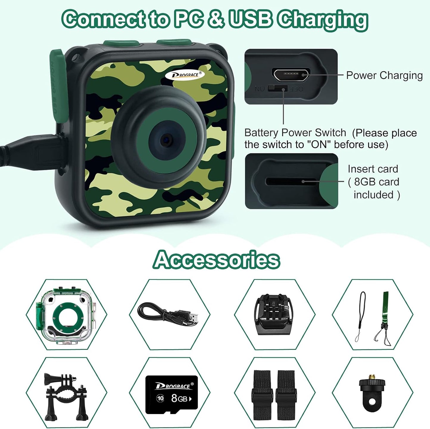 PROGRACE Waterproof Camera for Kids - Children Digital Video Cameras Underwater Camera 1080P Toddler Sports Cameras for Boys Birthday Cámara Pool Toys Age 3 4 5 6 7 8 9 10 11 12