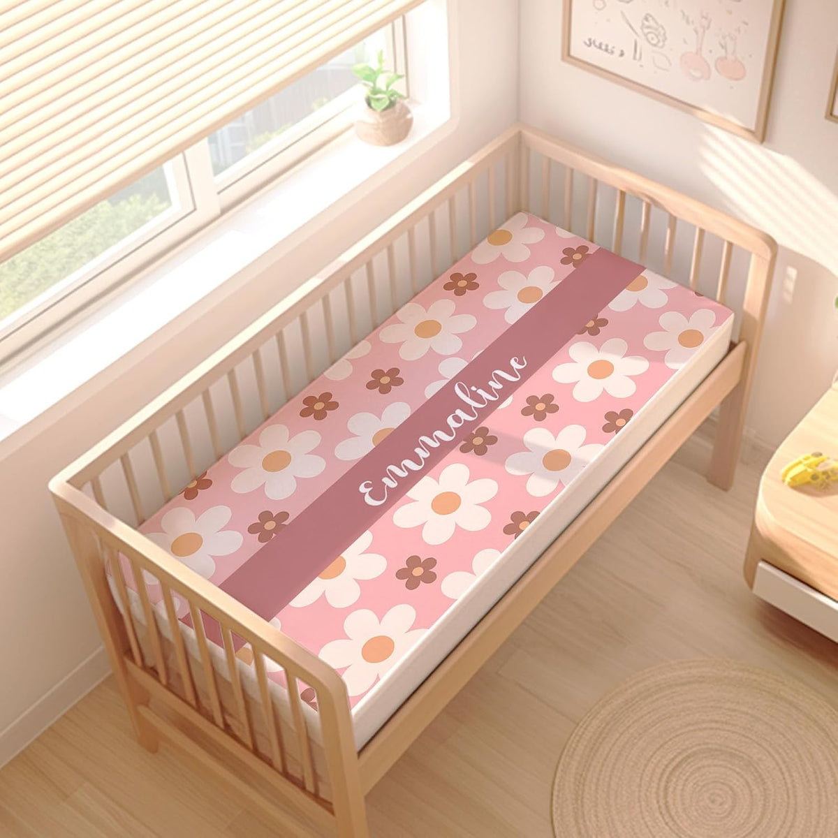 Custom Name Crib Bedding Set for Baby Girls – Personalized Pink Flower 3-Piece Nursery Bedding with Blanket, Fitted Sheet & Pillowcase – Baby Infant Toddler Shower Gift