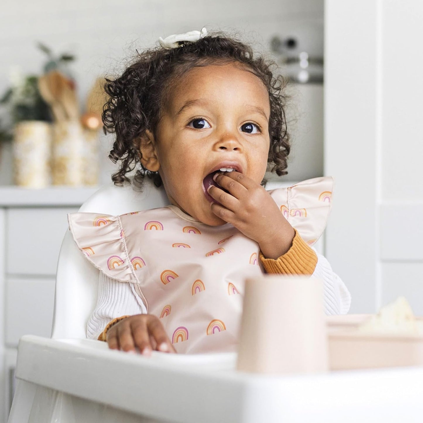 Tiny Twinkle Mess Proof Baby Bib - Waterproof & Lightweight Baby-Led Weaning Apron | 100% Recycled Polyester, Easy Clean & Machine Washable (Boho Rainbow, Small 6-24 Months)