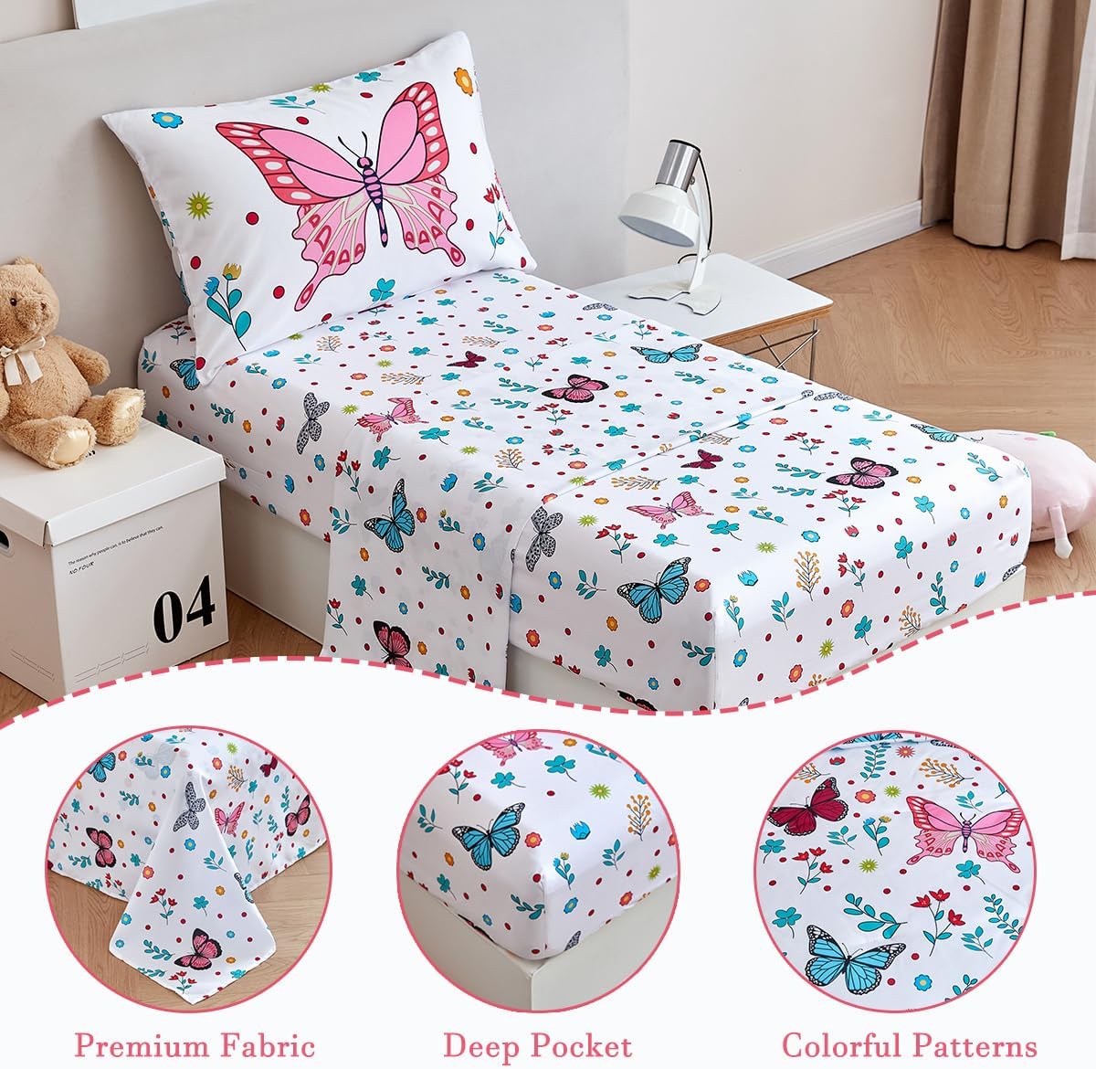 PERFEMET 4-Piece Girls Butterfly Bedding in Pink Floral - Reversible Colorful Flower Toddler Bed Comforter Set for All Season (White, Butterfly)