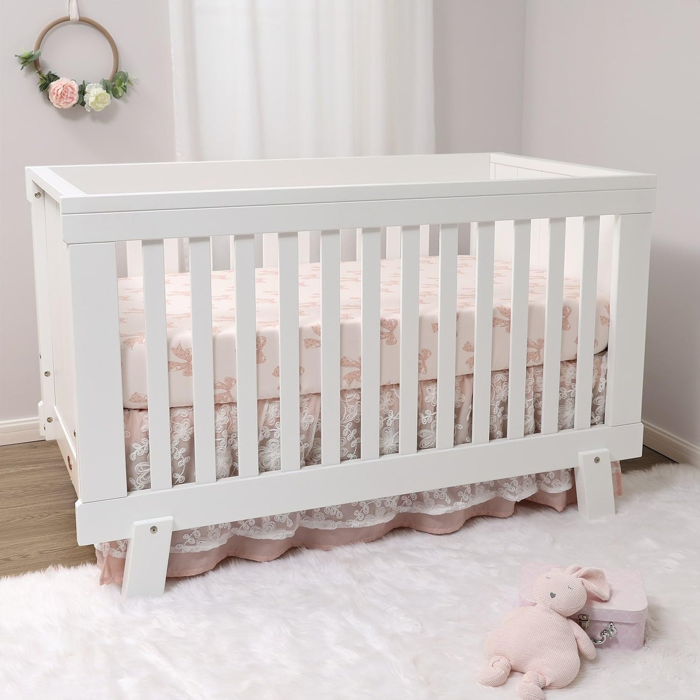 The Peanutshell 3 Piece Baby Crib Bedding Set for Girls - Cotton Fitted Crib Sheet, Layered Dust Ruffle, Comforter, Newborn, Infant & Toddler Vintage Nursery Bed Set Decor, Pink, Gold, Floral - Grace