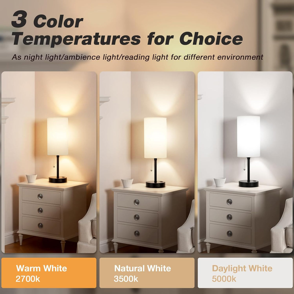 Dicoool 17Inch Tall Bedroom Lamps with USB C and A Ports 3 Color Temperatures - Pull Chain White Nightstand Bedside Table Lamp with AC Outlet, Side Lamp for Living Room End Table
