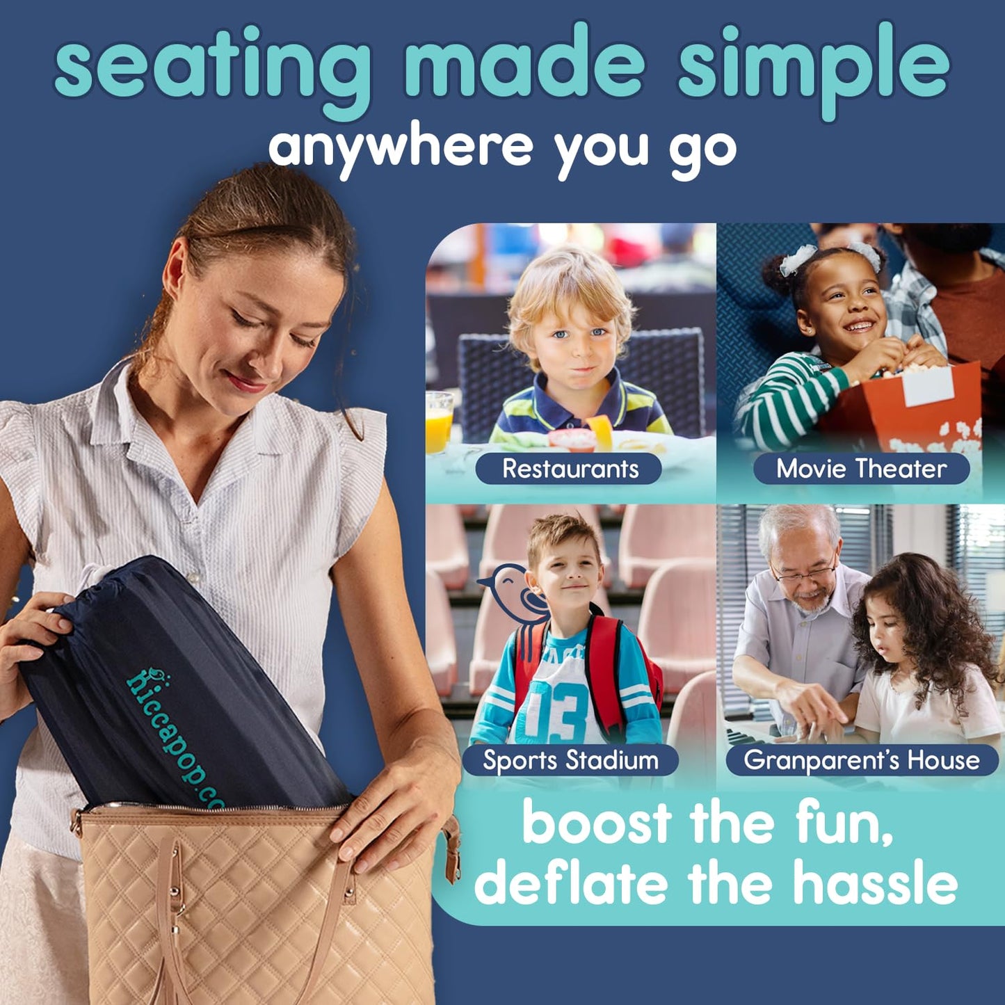 Hiccapop NeoBoost Inflatable Toddler Booster Seat for Dining Table – Portable, Quick-Inflate Design – Anti-Slip Base, Secure Straps, Easy-Clean – Perfect for Home & Travel, Black/Gray