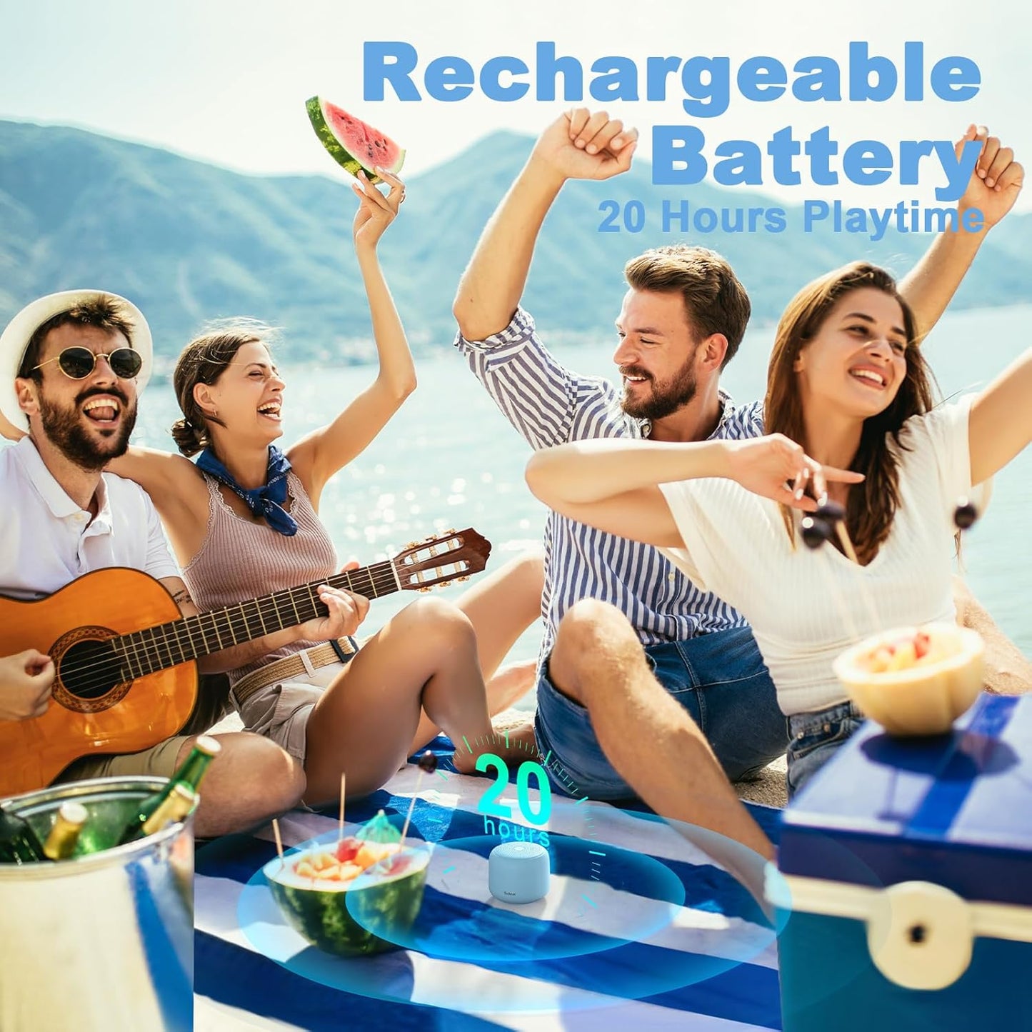 Bobtot Portable Bluetooth Speakers with Strap Easy to Carry, Wireless IPX5 Waterproof Mini Speaker with Loud Stereo Sound, 20 Hours Playtime, Rechargeable Battery, Built-in Microphone, Blue