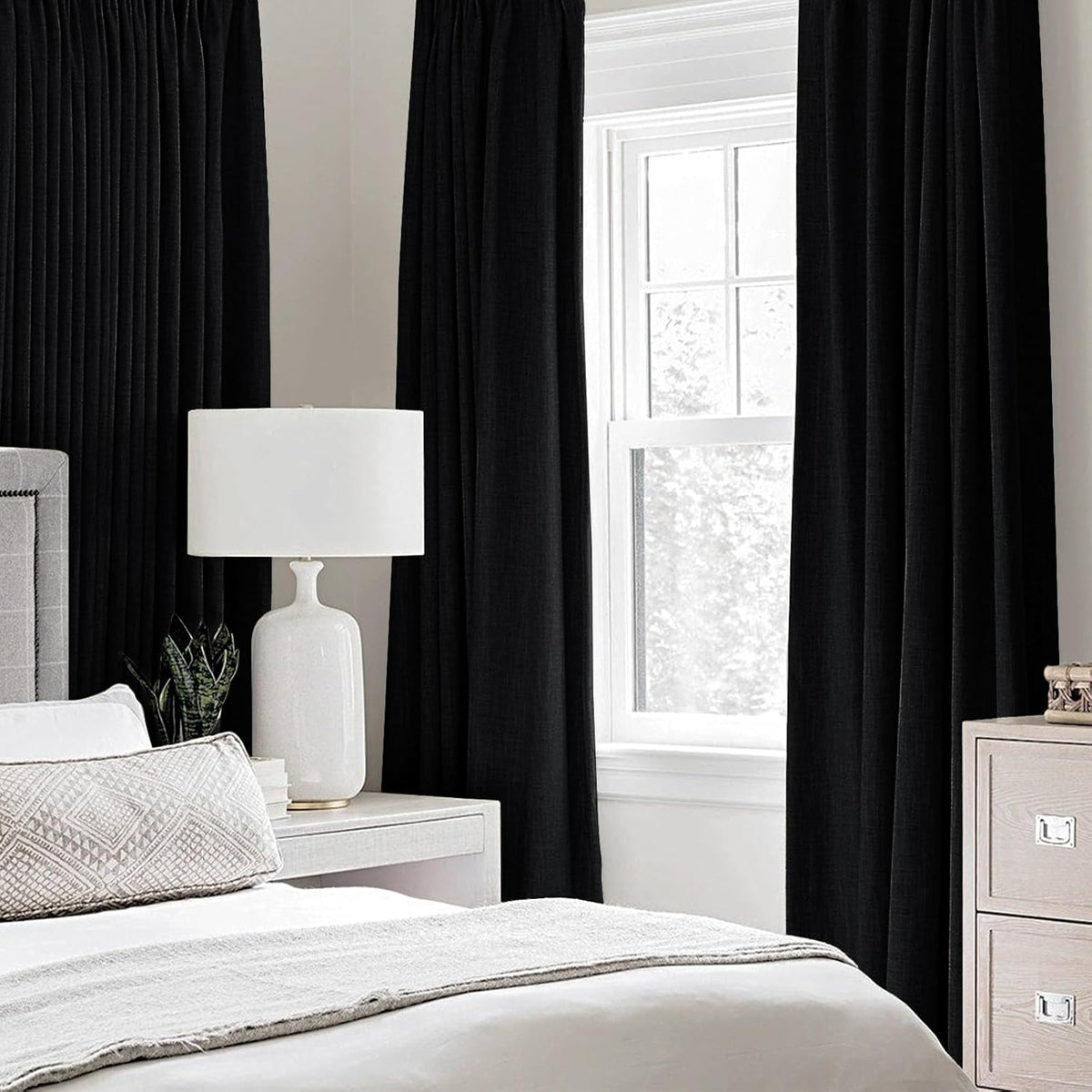 MIULEE Linen Texture Curtains for Bedroom Solid 100% Blackout Thermal Insulated Halloween Black Curtains Grommet Room Darkening Drapes for Living Room Nursery 52x45 Inch (2 Panels)