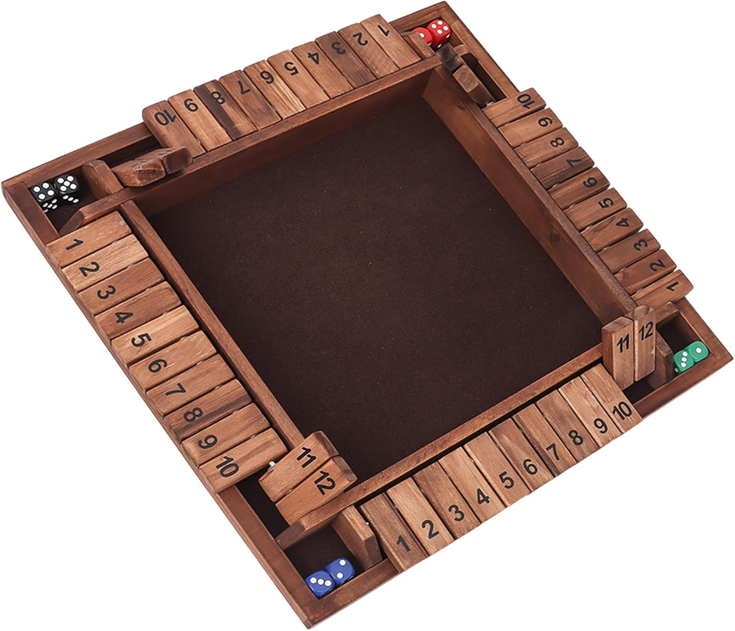 GSE Games & Sports Expert 1-4 Player Wooden Shut The Box Board Game with 8 Dice. 4-Way 12 Numbers Shut The Box Dice Set of Popular English Pub Board Game - Walnut