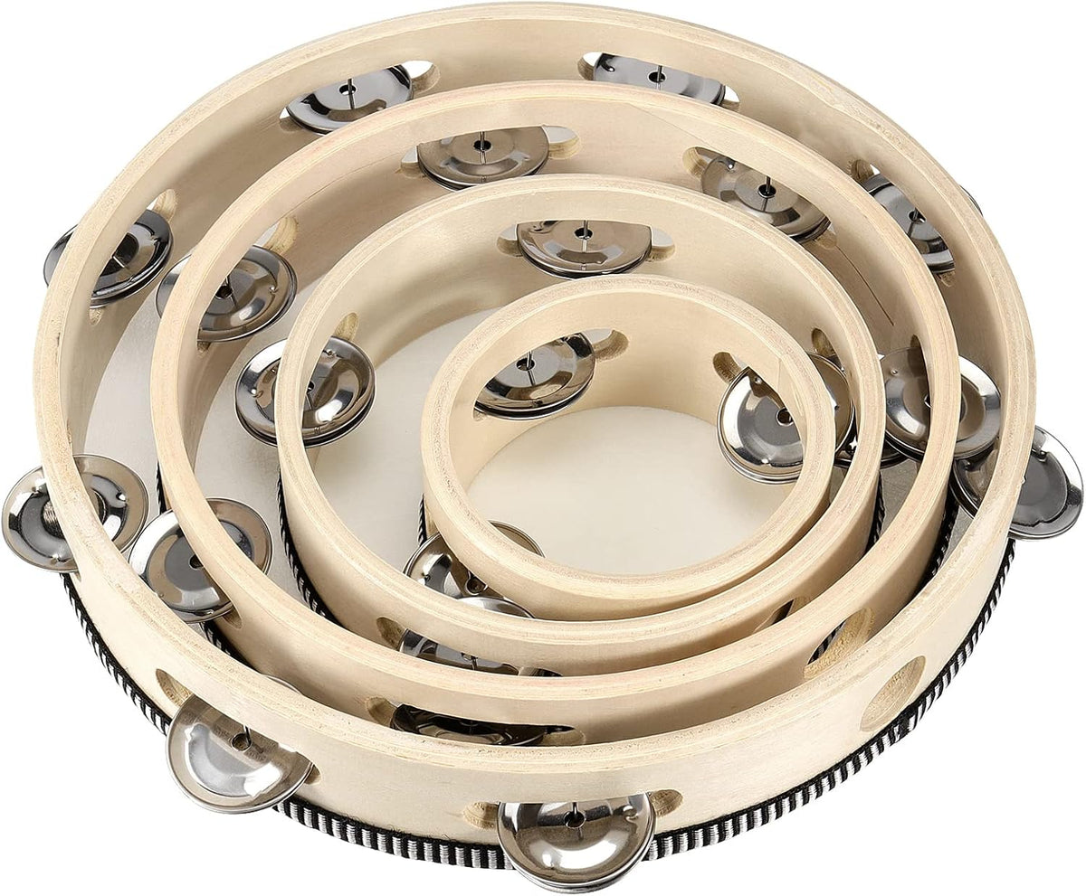4 PCS 4" 6" 8" 10" Wooden Tambourine, Musical Instrument Tambourine Set, Handheld Drum Bell Metal Jingles Single Row Percussion for Church, KTV, Party
