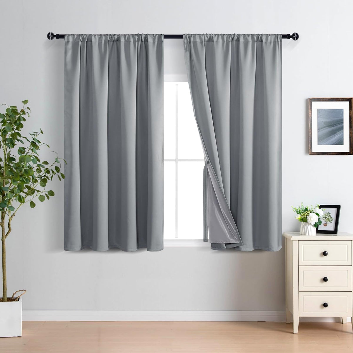 XWZO Complete Blackout Shades Window Curtain Panels with Tiebacks- Noise Reduction and Light Blocking Rod Pocket Curtains with Black Liner for Studio, Basement Room, Grey, W52 x L45, Set of 2