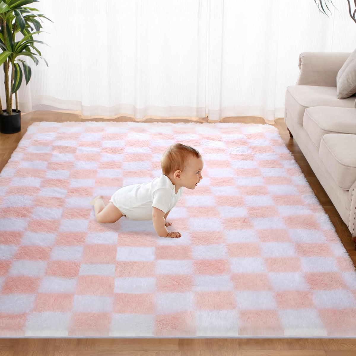 Super Soft Rug for Bedroom, 5x8 Ft Pink and White Area Rug Classic Checkered Shaggy Anti-Skid High Pile Soft Fluffy Rug Fuzzy Carpet for Living Room Bedroom Kids Room Nursery, Dorm Home Decor