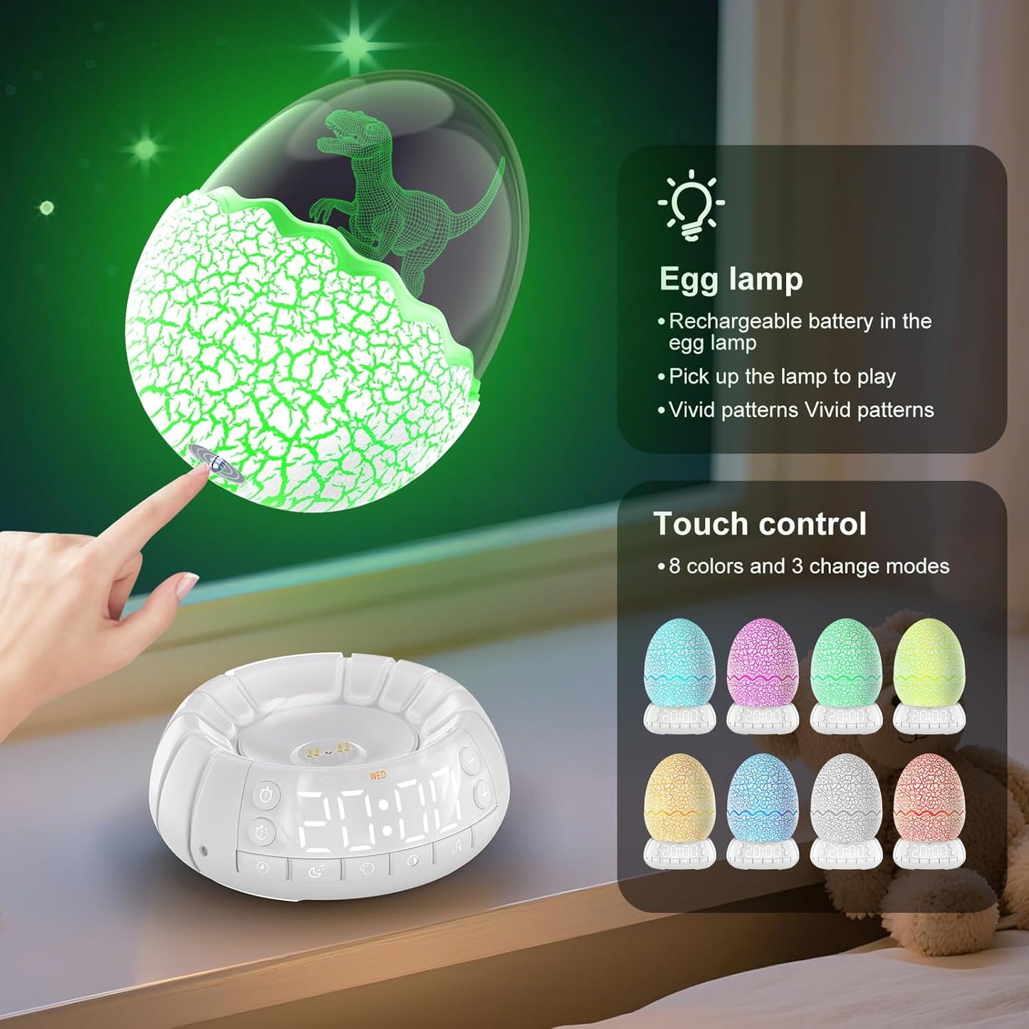 Dinosaur Alarm Clock with Wake Up Light, Digital Clock on Desk + 8 Colors Night Light + 20 Sleep Training Sound + Bluetooth Speaker All in 1 for Kids/Boys/Girls/Adult (Dinosaur)