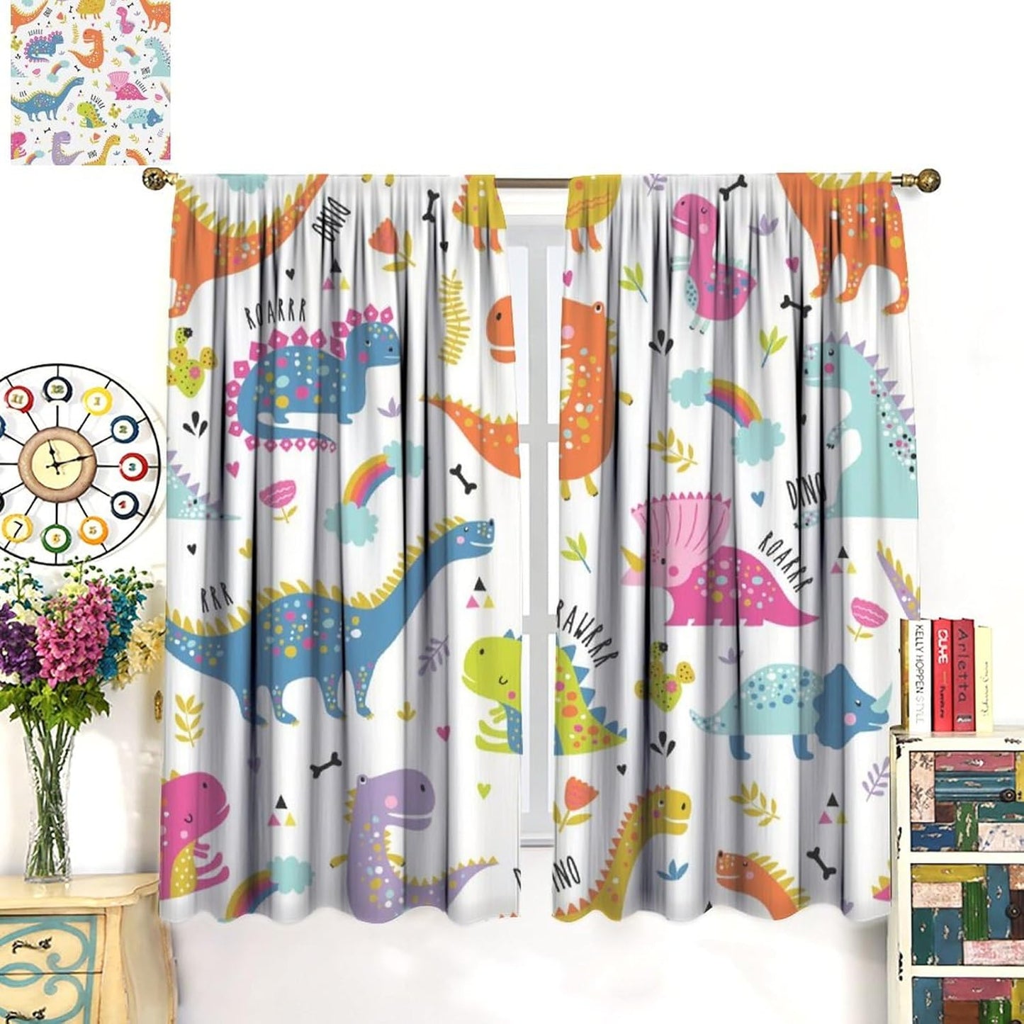 Cartoon Dinosaur Curtains for Kids Boys Girls Home Decor Childish Cute Dino Animals Print Pattern Rod Pocket Blackout Window Drapes for Nursery Baby Bedroom Playroom W36xL63in 2 Panels