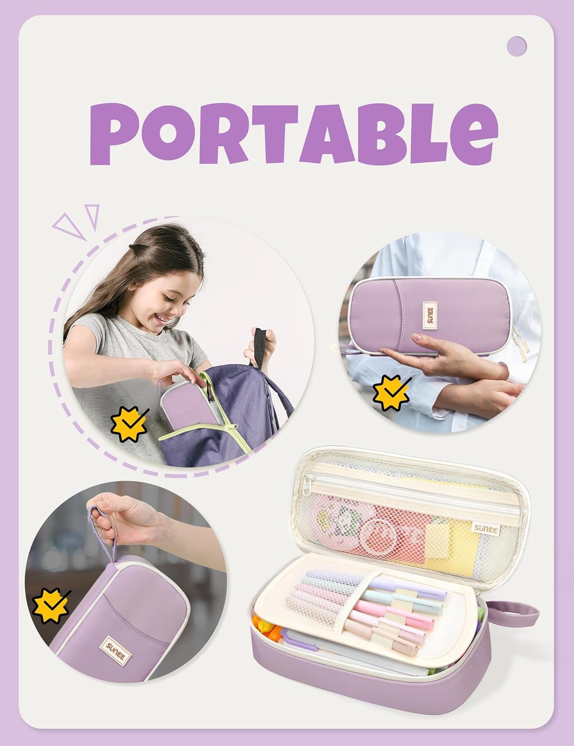 SUNEE Cute Pencil Case, Aesthetic Pen Pouch, Colored Large Pencil Bag with Zipper, Kawaii Stationery Storage and Organizer, Purple School Supplies for Teen and Adult Girls