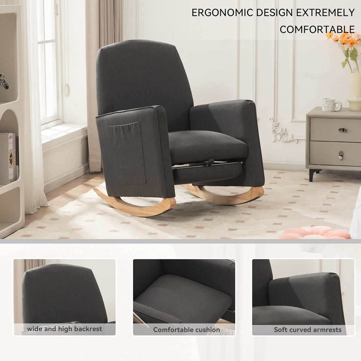 FOXHUNTER Rocking Chair Nursery with Adjustable Footrest and High Backrest, Upholstered Glider Chairs with Side Pockets for Nursery, Rocker Armchair Indoor for Living Room, Dark Gray