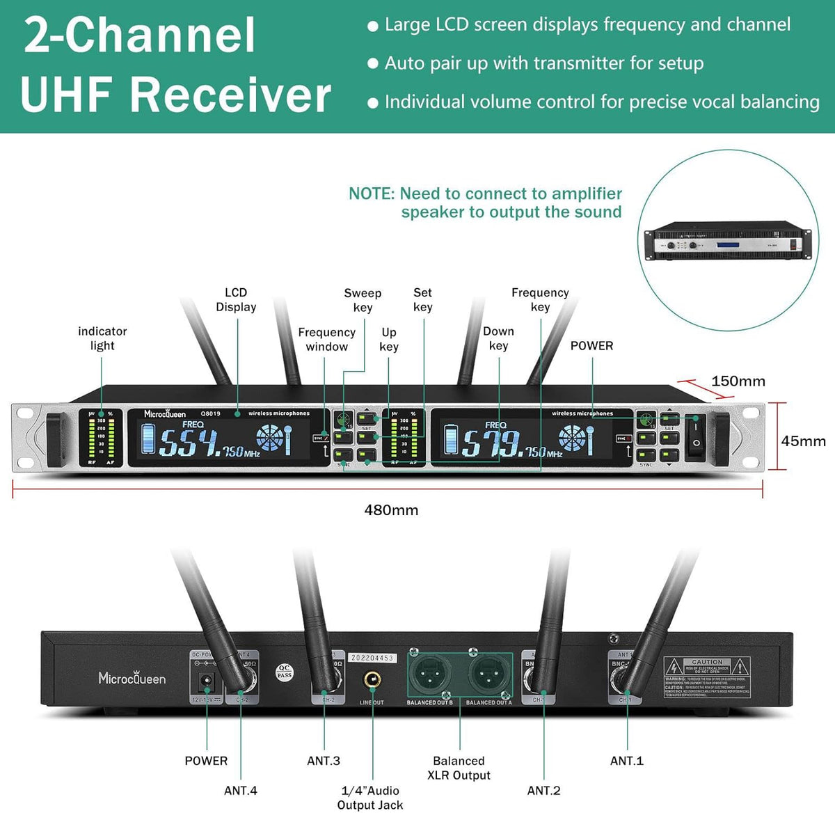 Professional UHF Wireless Microphone System, Dual Channel 530–580MHz with 2 Metal Handheld Mics, Multi-Channel UHF System, 500FT Range, for Karaoke, Meeting, Party