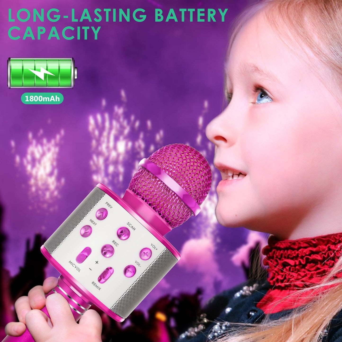 KIDWILL Wireless Bluetooth Karaoke Microphone for Kids, 5-in-1 Portable Handheld Karaoke Mic Speaker Player Recorder with Adjustable Remix FM Radio for Kids Girls Boys Teens Birthday-Hot Pink