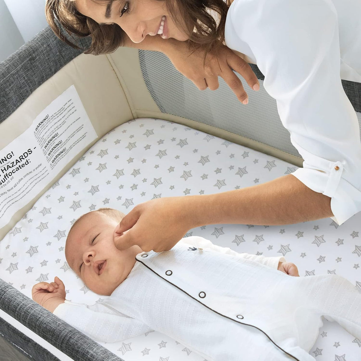 Waterproof Bassinet Sheets Fit for Miclassic, Baby Delight, TCBunny, Milliard, Dream On Me Traveler/Skylar and Other Bedside Sleeper Bassinet Mattress, 100% Organic Cotton, White Grey Print for Baby
