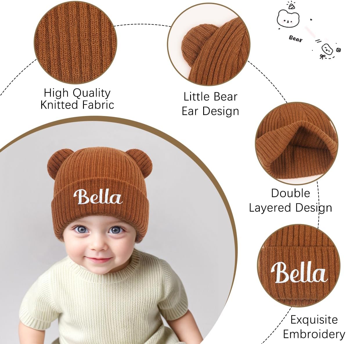 Personalized Baby Beanies Hats, Custom Embroidered Name Knitted Toddler Winter Bear Ear Hat