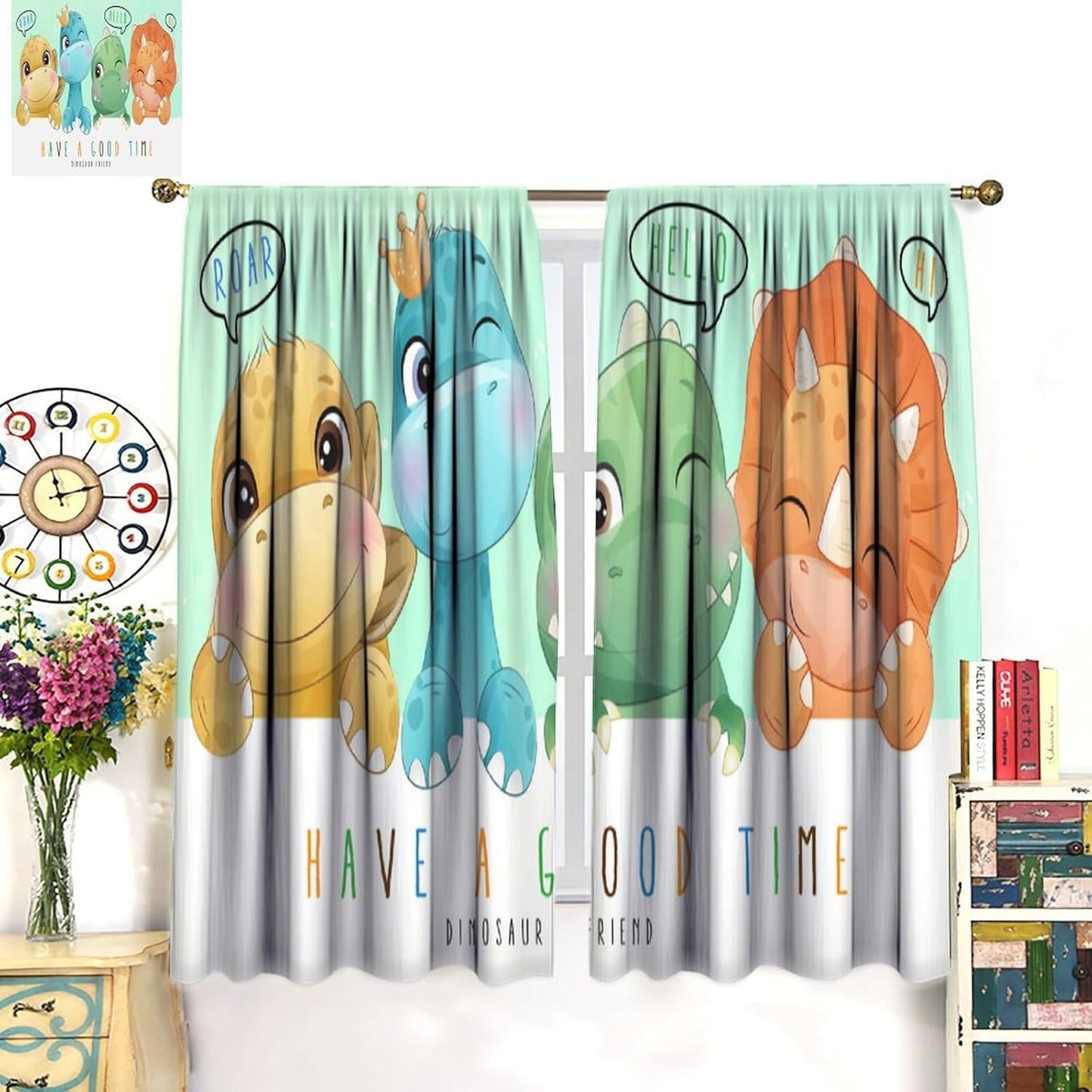 Kids Dinosaur Curtains for Boys Girls Bedroom Decor Cartoon Dino Colorful Cute Funny Animal Printed Blackout Rod Pocket Window Drapes for Baby Nursery Playroom Living Room W36xL63in 2 Panels