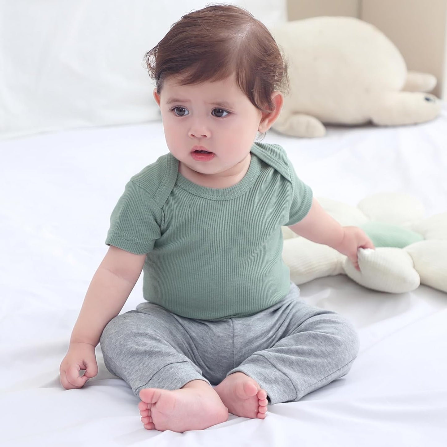 Baby Bodysuit 6 Pack Soft Mixed Ribbed Short Sleeve Romper Infant Boy Girl Clothes Set