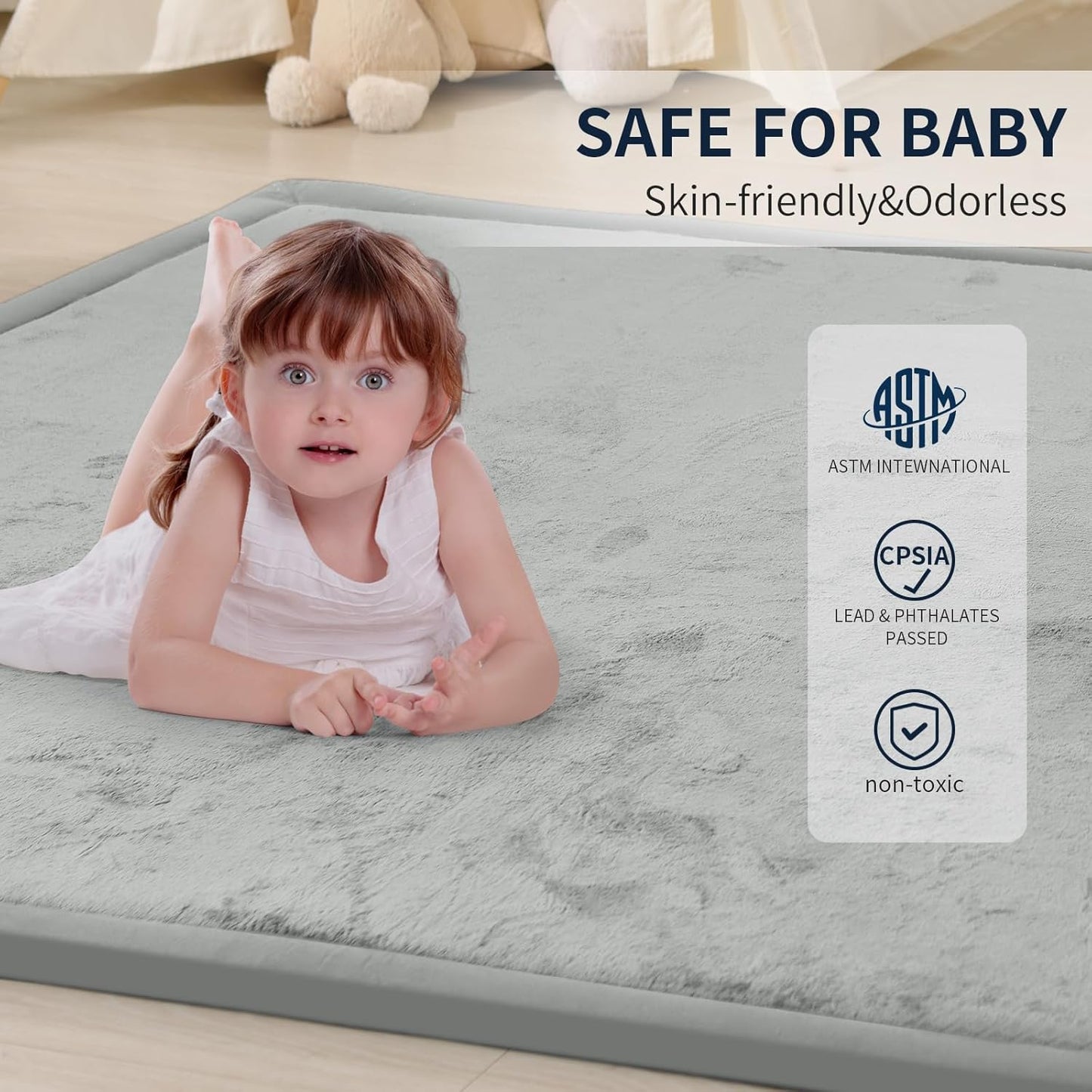 ACOMOPACK Baby Play Mat for Floor 1.3" Thick Memory Foam Play Mat 39"×59" Tummy Time Crawling with Non-Slip Bottom for Living Room,Nursery,Soft Velvet Playpen Mats for Kids,Infants（Light Grey）