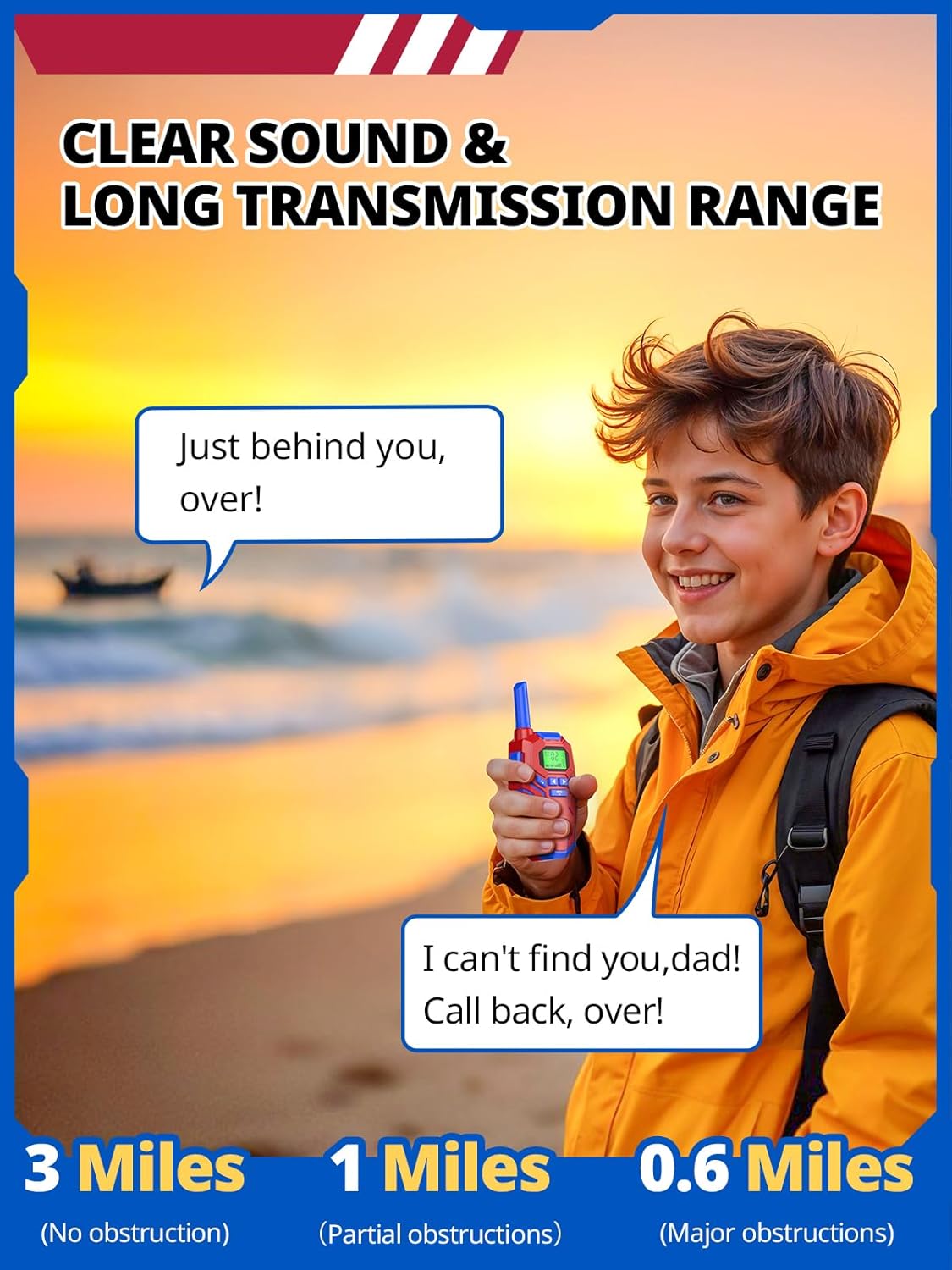 Walkie Talkies for Kids Rechargeable, Long Range 2 Way Radio, Outdoor Beach Camping Road Trip Role Play Toys Birthday Xmas Gift for Boys Age 7-12, 2 Pack