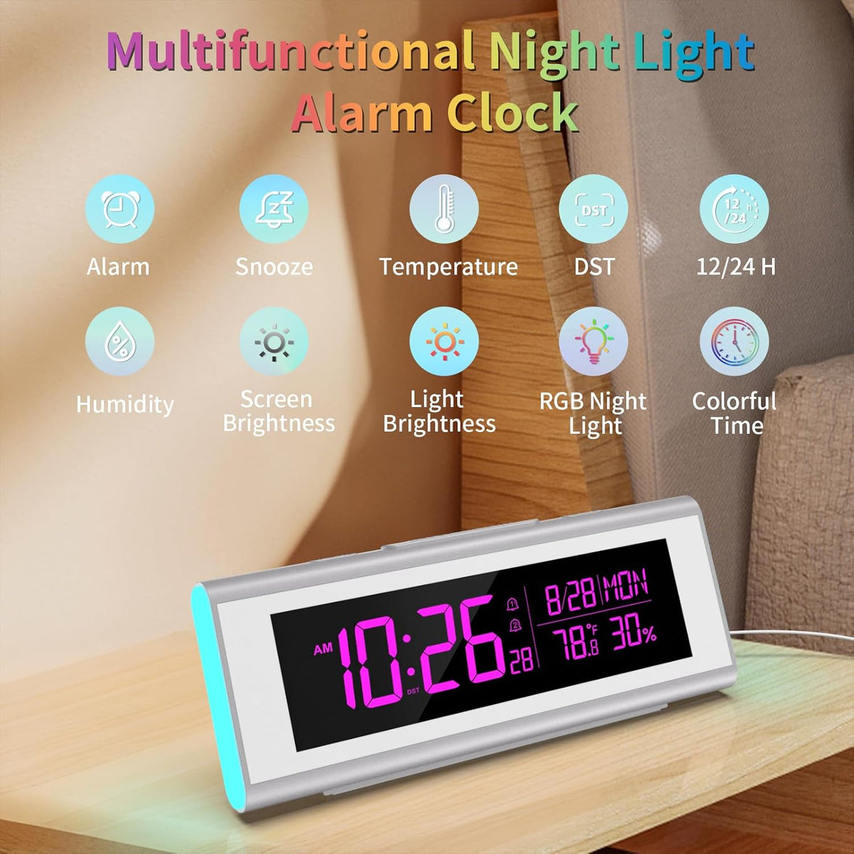 Digital Alarm Clocks for Bedrooms, LED Desk Clock with RGB Night Light, Brightness Dimmer, Date, Week, Temperature Large Display, Modern Decor for Desk, Office, Gift for Kids, Teen, Adults (Silver)