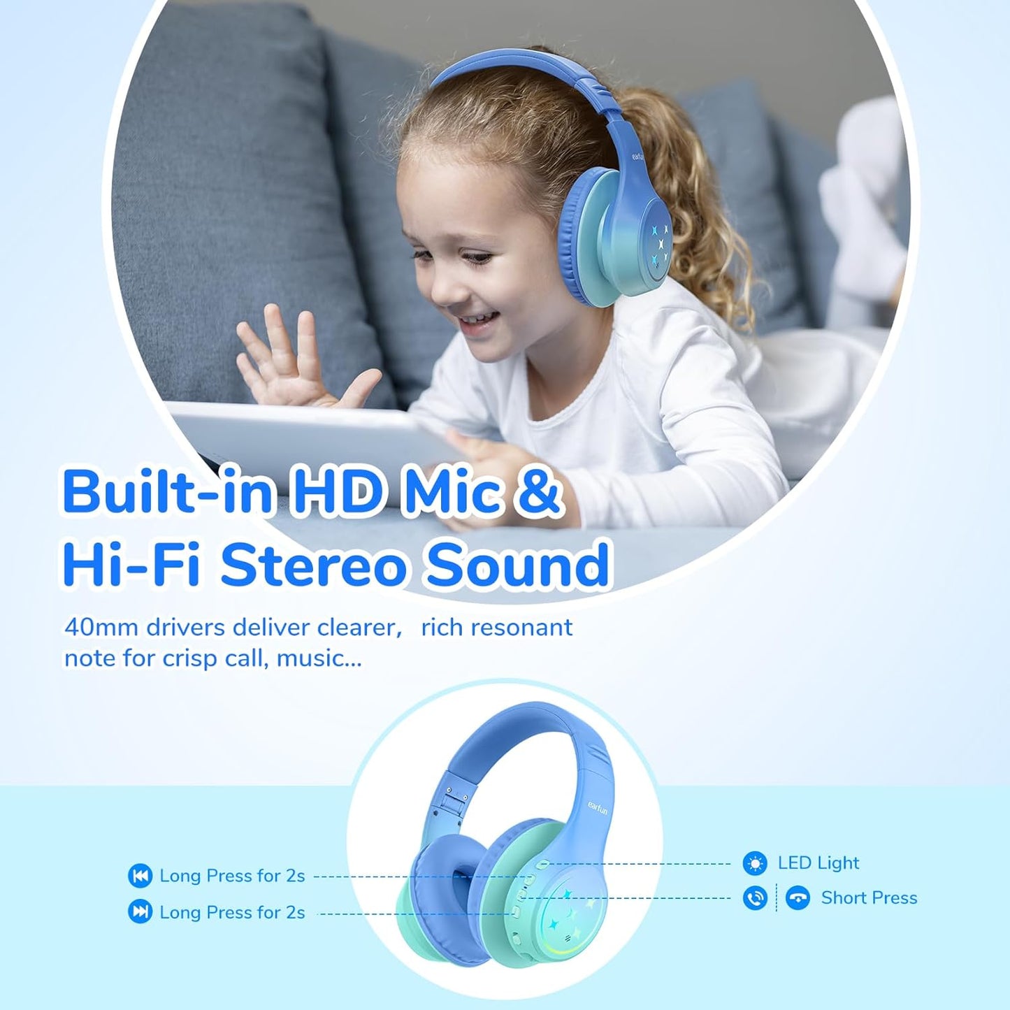 EarFun K4 Kids Bluetooth Headphones, Wireless Headphones with LED Lights, 74/85/94dBA Volume Limited, Built-in Mic, 90H Playtime, Bluetooth 5.4 Over Ear Headphone for iPad/Tablet/PC/School (Green)
