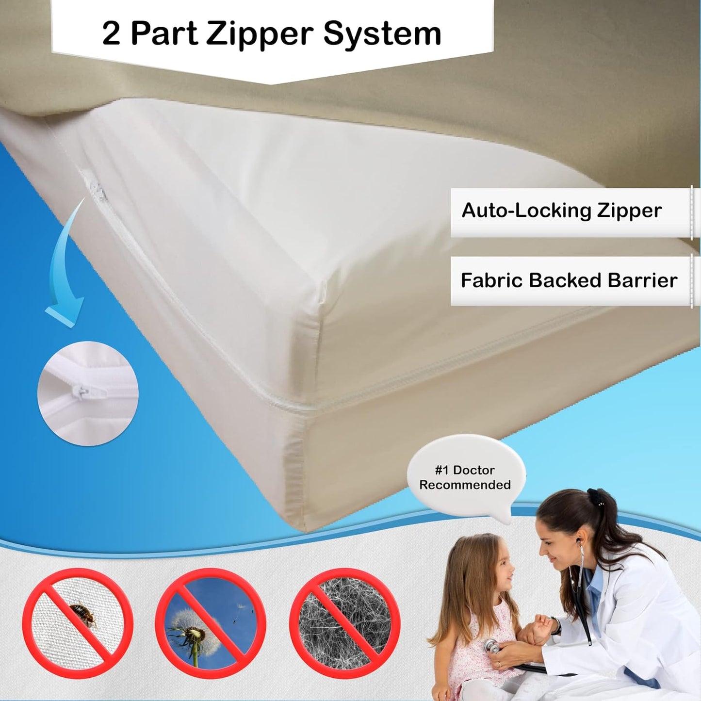 National Allergy Superior 100% Cotton Queen Mattress Protector Zippered - 60" x 80" x 12" - Hypoallergenic Bed Encasement - Breathable Dust Proof Cover - AAFA & Oeko-TEX Standard 100 Certified