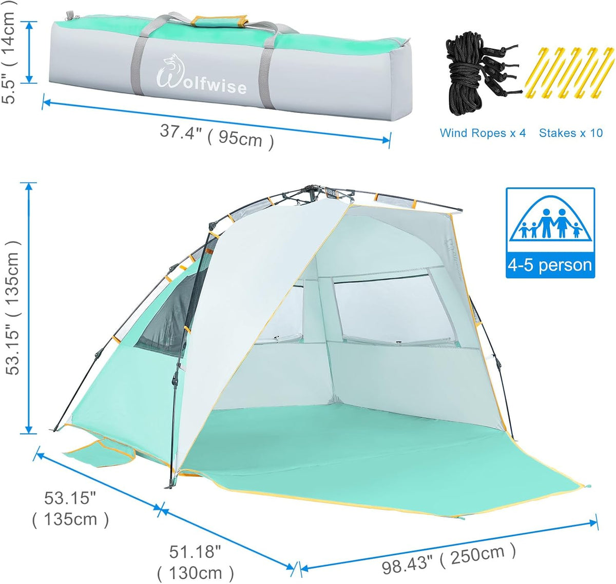 WolfWise Pop Up XL Beach Tent 99" Wide for 4-6 Person UPF 50+ Portable Instant Sun Shelter Canopy Umbrella with Extended Zippered Porch