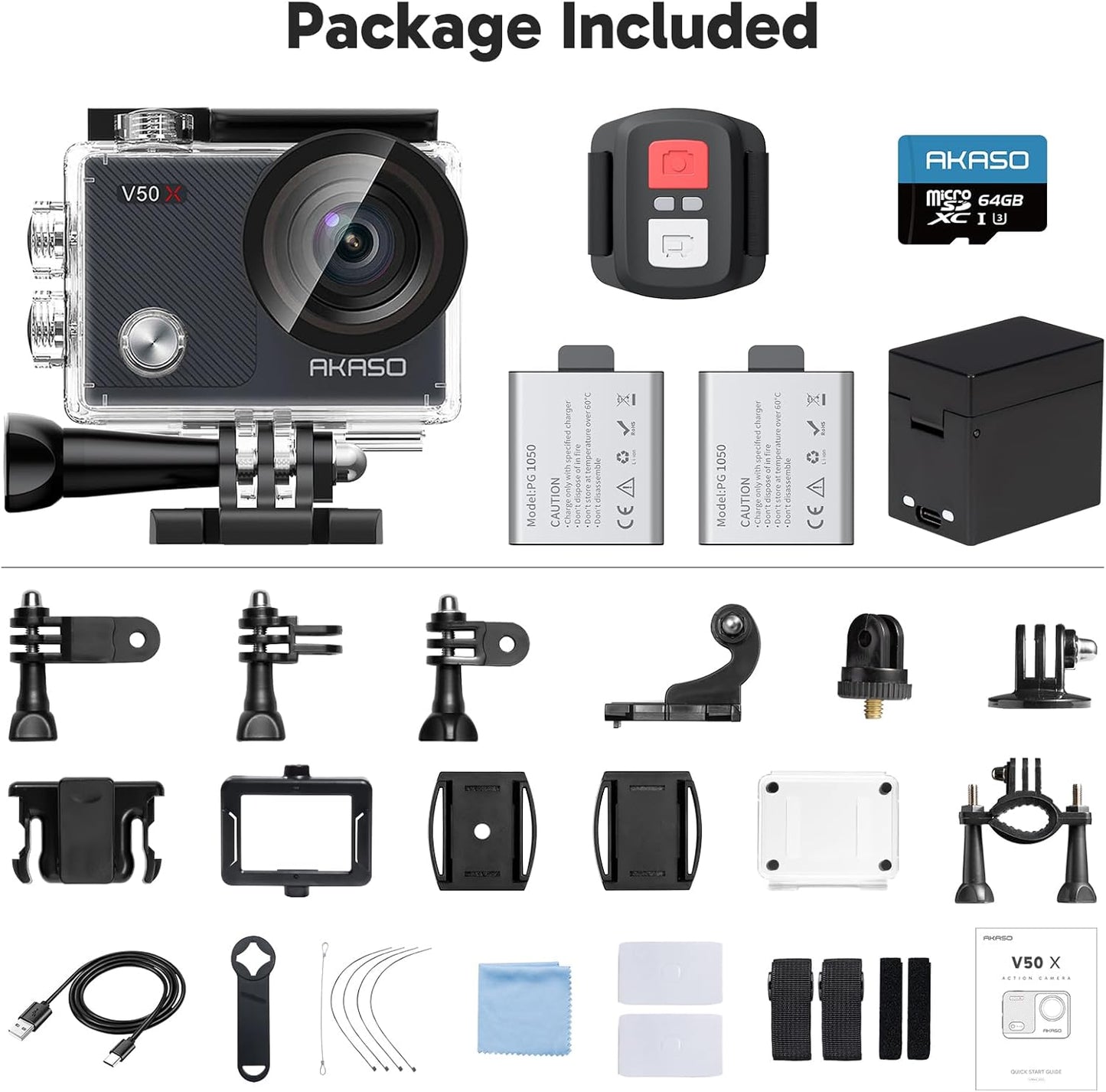 AKASO V50X Native 4K30fps WiFi Action Camera with EIS Touch Screen 4X Zoom 131 feet Waterproof Camera Support External Mic Remote Control with Helmet Accessories (with 64GB MicroSD Card)