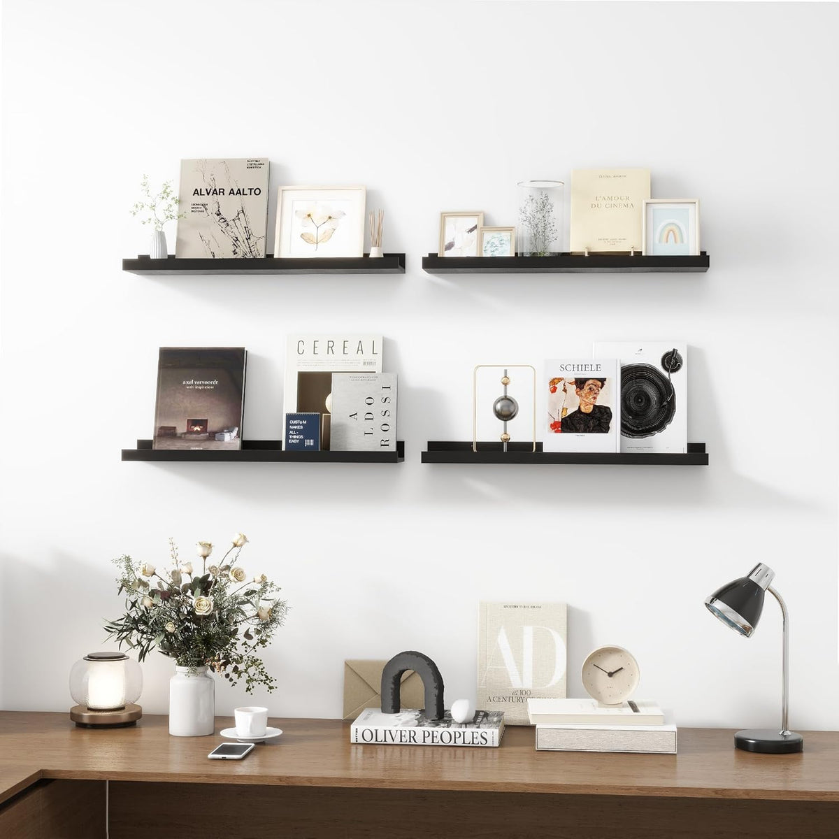 Picture Ledge Shelf, Wood Floating Shelves Set of 4, 24 inch Picture Ledge Shelves, Photo Ledge Nursery Book Shelves Wall Mounted for Living Room Kids' Room Bedroom, Color Black