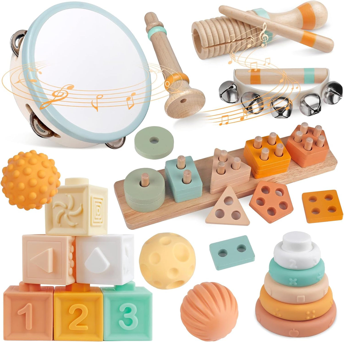Musical Instruments Wooden for Kids 1-5 Year, Percussion Instruments Music Toy Set with Tambourine, Handbells, Clarinet, Sounder for Toddlers, Montessori Educational Toys for Baby (Natural Color)