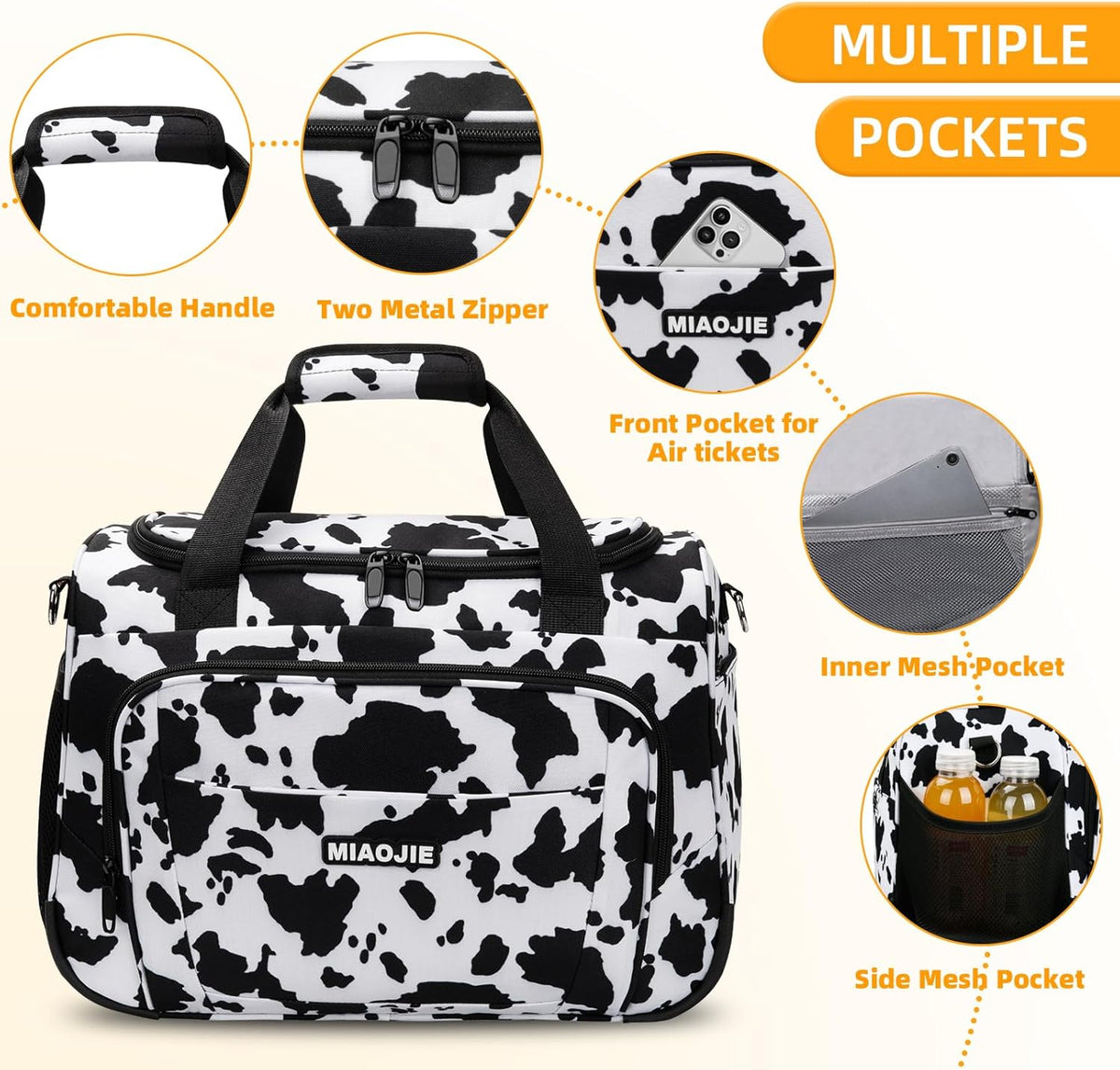Underseat Carry On Luggage Lightweight Travel Tote Weekender Bag Overnight Duffle Bag for Travel, Travel Essentials Personal Item Travel Bag for Women and Men, Cow Pattern-16Inch