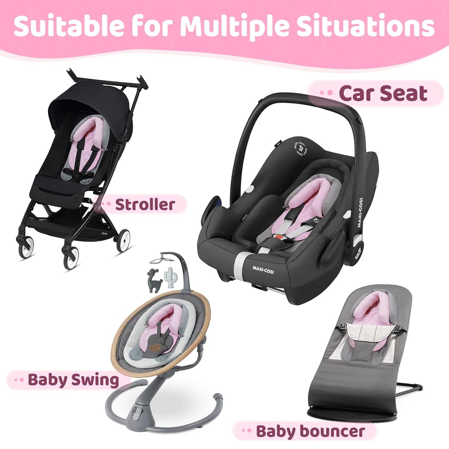 Pro Goleem Car Seat Head Support Infant, Soft Infant Car Seat Insert, 2 in 1 Carseat Head Support for Toddler, Perfect for Car Seat, Stroller, Swing, Bouncer, Pink and Gray
