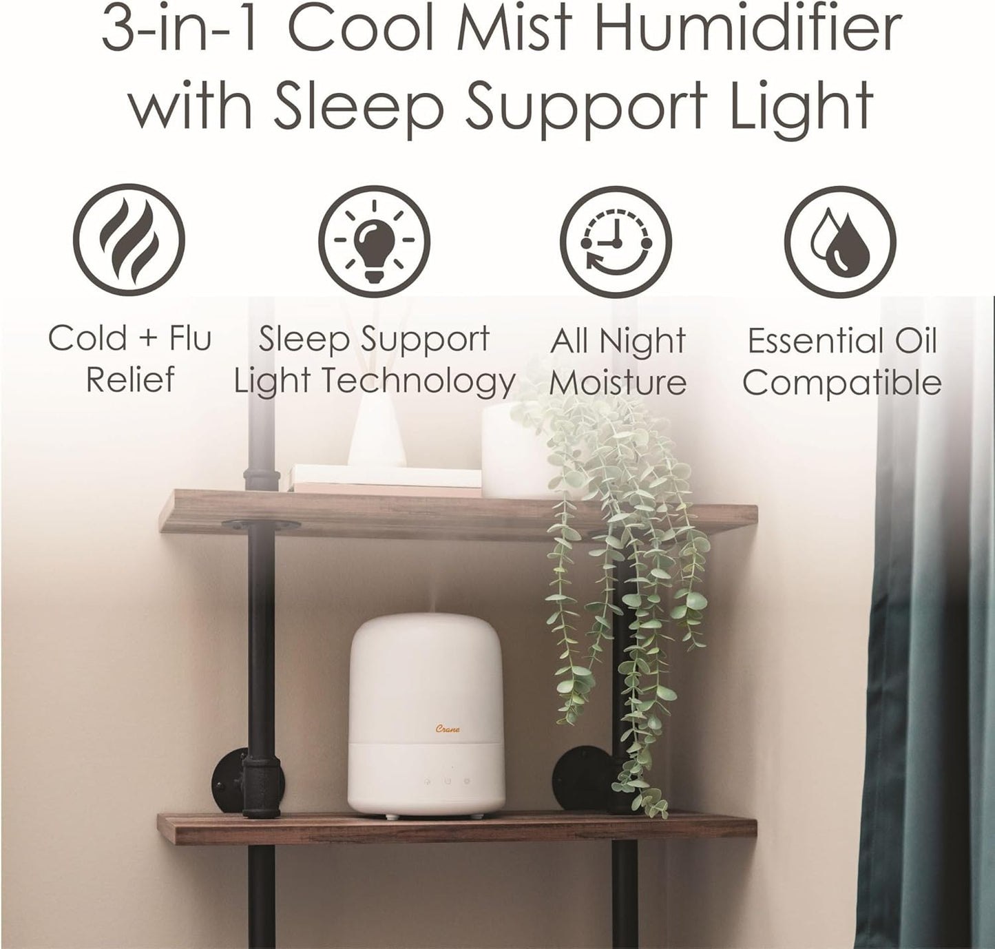 Crane Top Fill Mini Humidifier for Bedroom and Nursery 3-in-1 Essential Oil Diffuser Sleep Light 0.5 Gallon Baby Humidifier