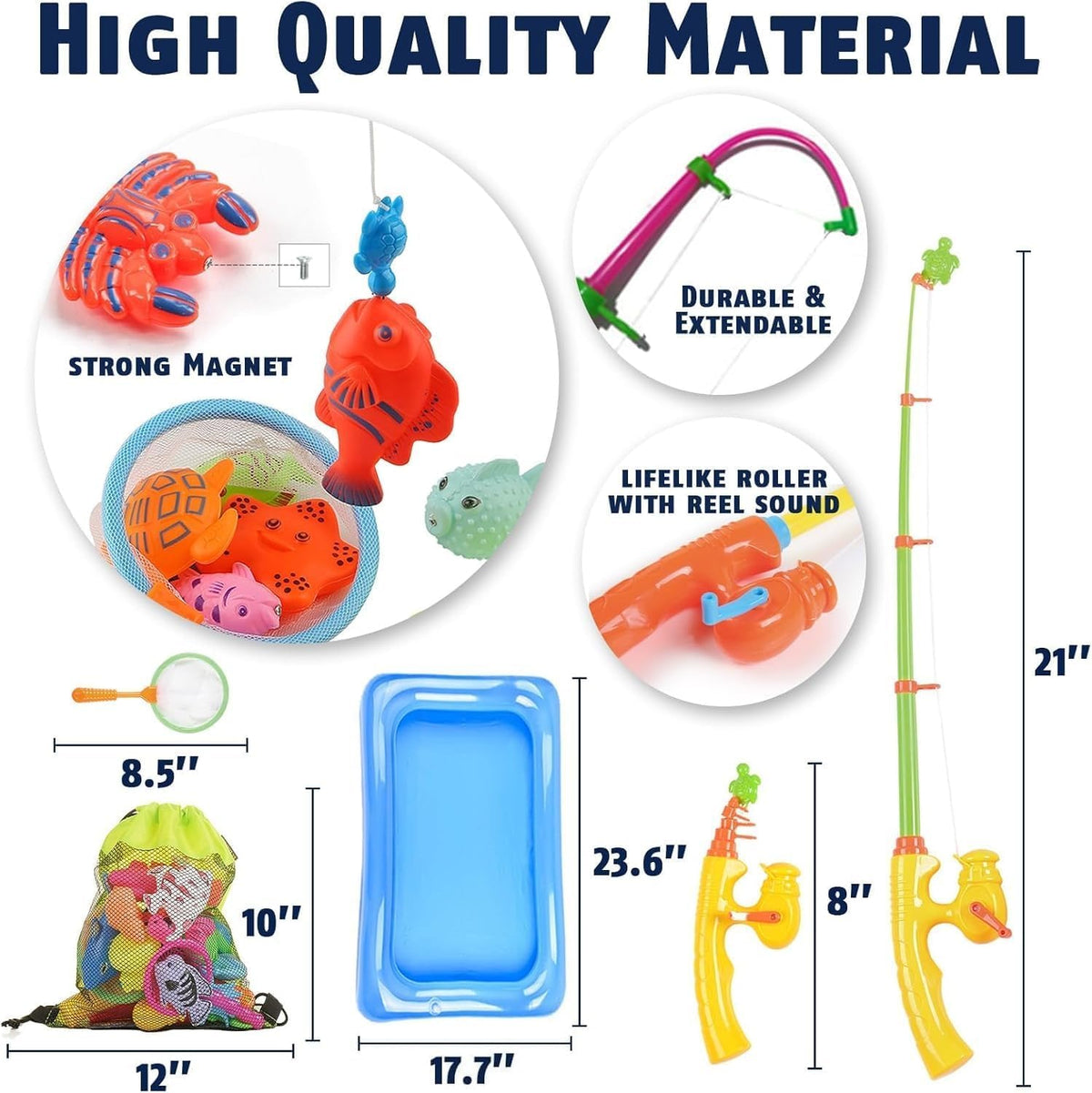 CozyBomB™ Magnetic Fishing Toys Game Set for Kids | Water Table Bathtub Kiddie Pool Party & Pole Rod Net, Plastic Floating Fish Toddler Color Ocean Sea Animals Birthday Age 3 4 5 6 Year