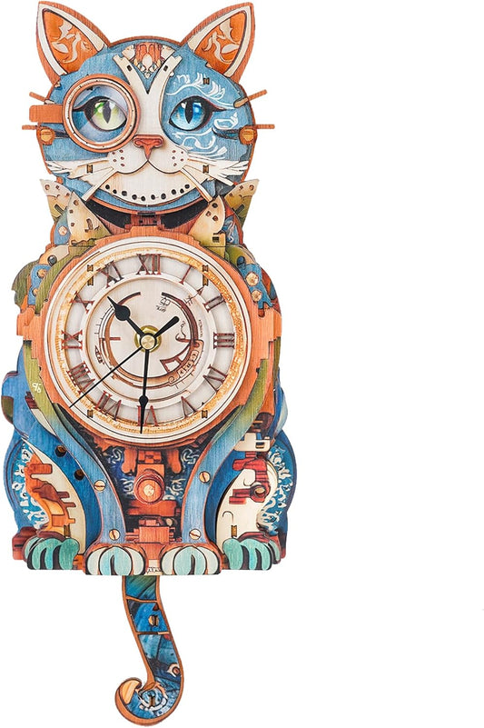 3D Puzzles for Adults Clock-Cat Detective Design Model Kit-Mechanical DIY Pendulum Clock with Roman Numerals-Desk Home Office Decor Personalized Gift for DIY Lovers