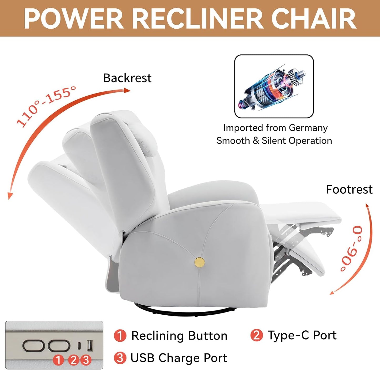 Glider Rocking Chair Nursery, Swivel Rocker, Power Recliner Chair, Nursery Glider Recliner with Adjustable Headrest, USB Ports, Living Room Chairs, Fabric (Fabric Grayish White, Adjustable Headrest)