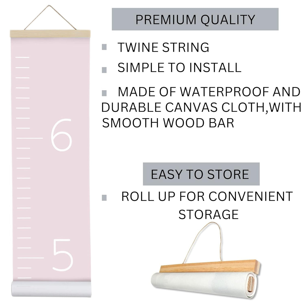 Morxy Canvas Growth Chart for Kids - Unisex Kids Room Wall Decor - Measuring Height Chart- Wall Tape with Height Chart for Kids (Canvas, Plain Pink)