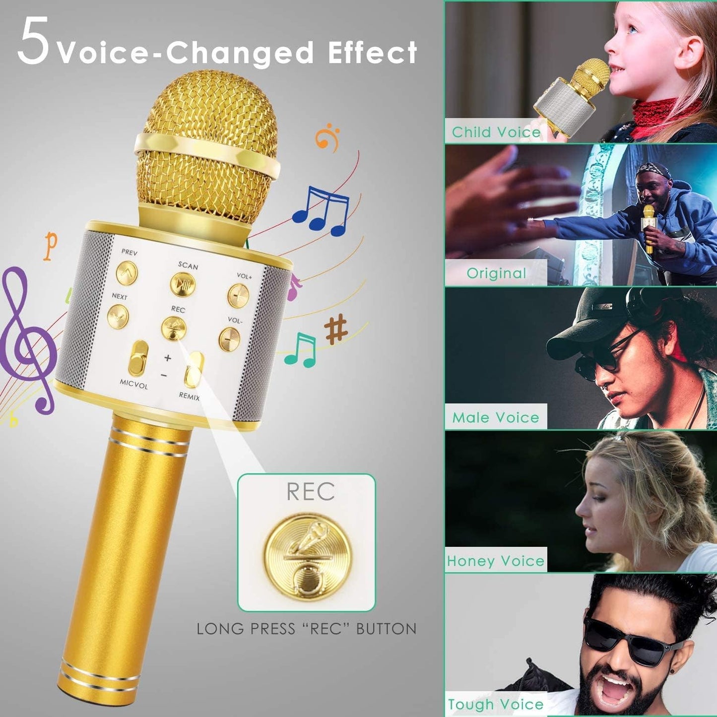KIDWILL Wireless Bluetooth Karaoke Microphone for Kids, 5-in-1 Portable Handheld Karaoke Mic Speaker Player Recorder with Adjustable Remix FM Radio for Kids Girls Boys Teens Birthday (Gold)