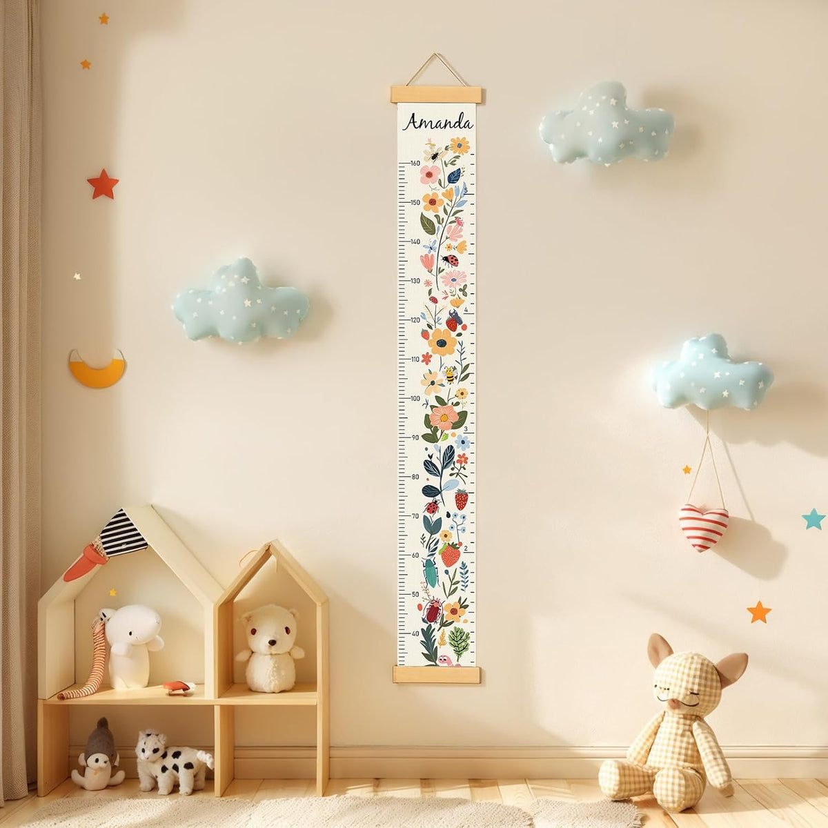 Personalized Name Growth Chart Wall Decor for Kids – Canvas Removable Height Chart Measuring Ruler 59" x 7.9" (Flowers)