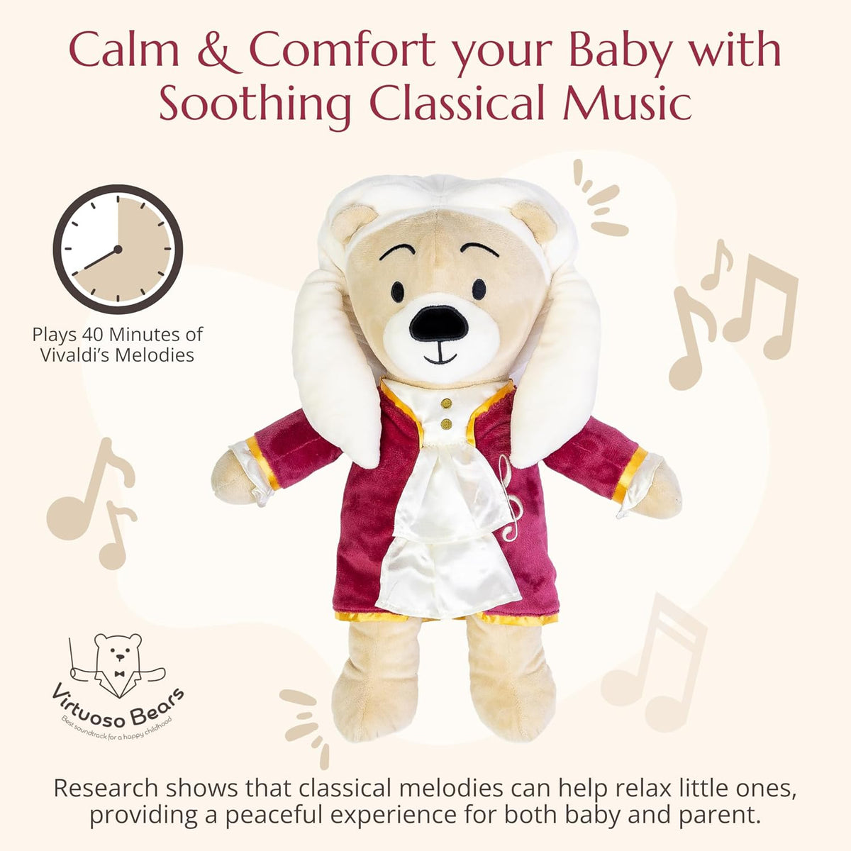 Vivaldi Virtuoso Bear – Dual-Mode Plush Toy with Music & Comfort Features, Plays 40 Mins of Classical Music & White Noise for Babies & Toddlers