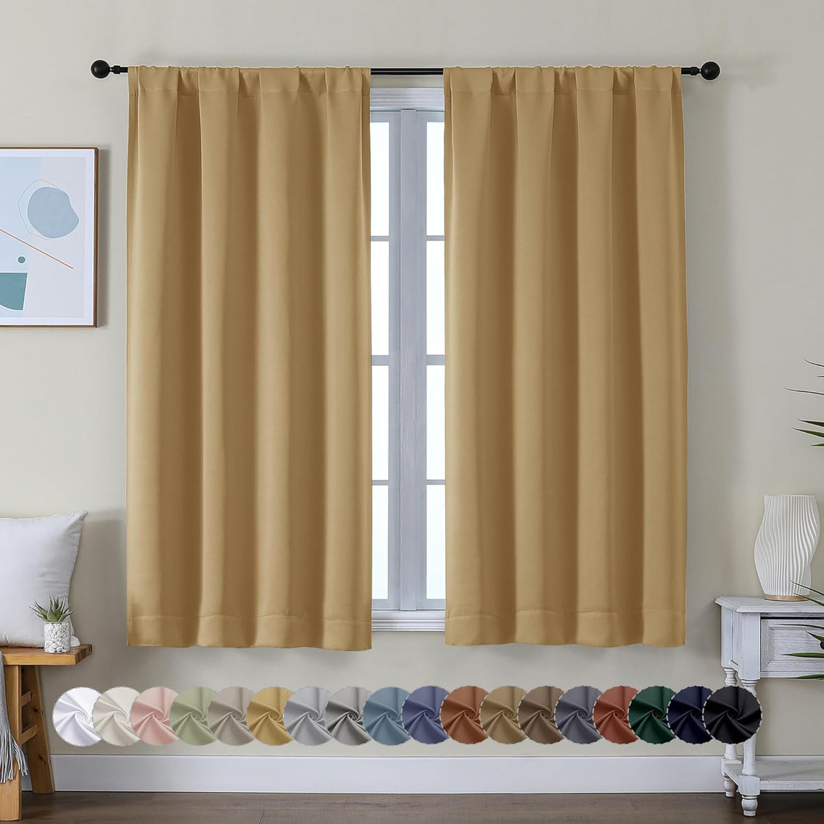 Simplebrand Ava Gold Short Blackout Curtains for Bedroom 54 Inches Long 2 Panels Set, Solid Thermal Insulated, Energy Saving Window Treatment Curtains Blackout Drapes, W40 x L54 Inch, Gold