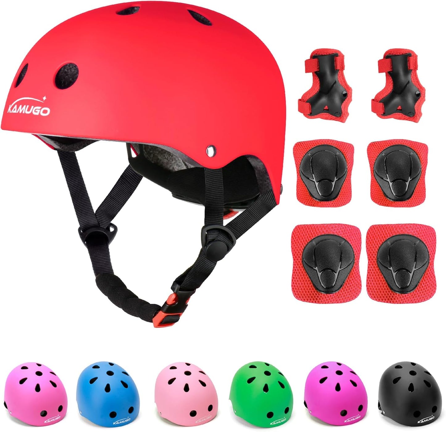 KAMUGO Kids Adjustable Helmet, with Sports Protective Gear Set Knee Elbow Wrist Pads for Toddler Age 2-8 Boys Girls, Bike Skateboard Hoverboard Scooter Rollerblading Helmet Set