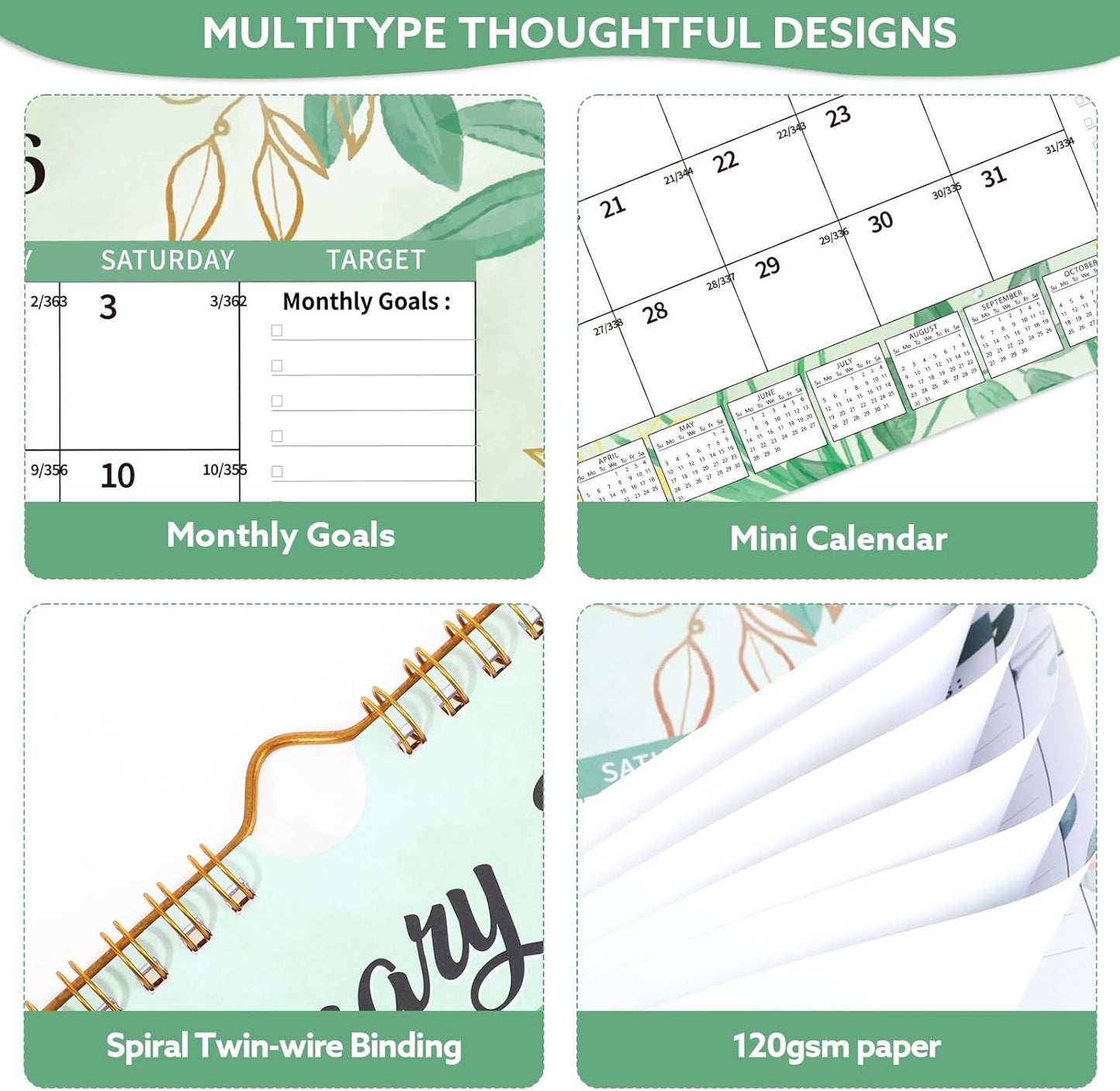 Wall Calendar 2026-2027, 18 Month Large Desk Calendar from January 2026 to June 2027 14.5" x 11.8" Monthly Calendar with Twin-Wire Binding for Home Office Planning Organisers, Green Leaf