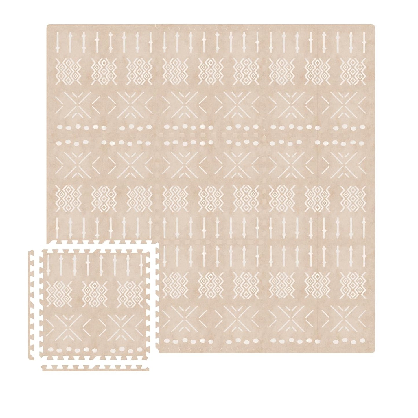 MOON WALKERS Stylish Boho Baby Play Mats for Floor, (6x6ft) Play Mat for Babies and Toddlers, Non-Toxic, Soft, Thick, Tummy Time Mat for Crawling (Extra Large 9 Tiles, Beige Aztec)