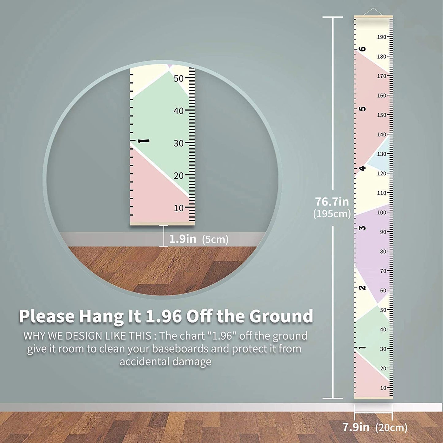 Growth Chart Wall Hanging, Portable Kids Wall Ruler Removable Height Measure Chart for Boys Girls Growth Ruler from Baby to Adult for Child's Room Decoration 79''7.9'' (Pink)