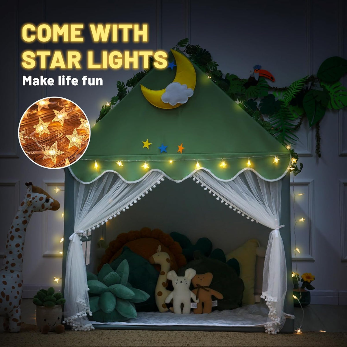 Wilwolfer Kid Tent with Mat, Star Lights - Kids Play Tents for Toddlers Kids Tents Indoor Playhouse - Princess Tent for Girls Toy House Gift (Green with Mesh)