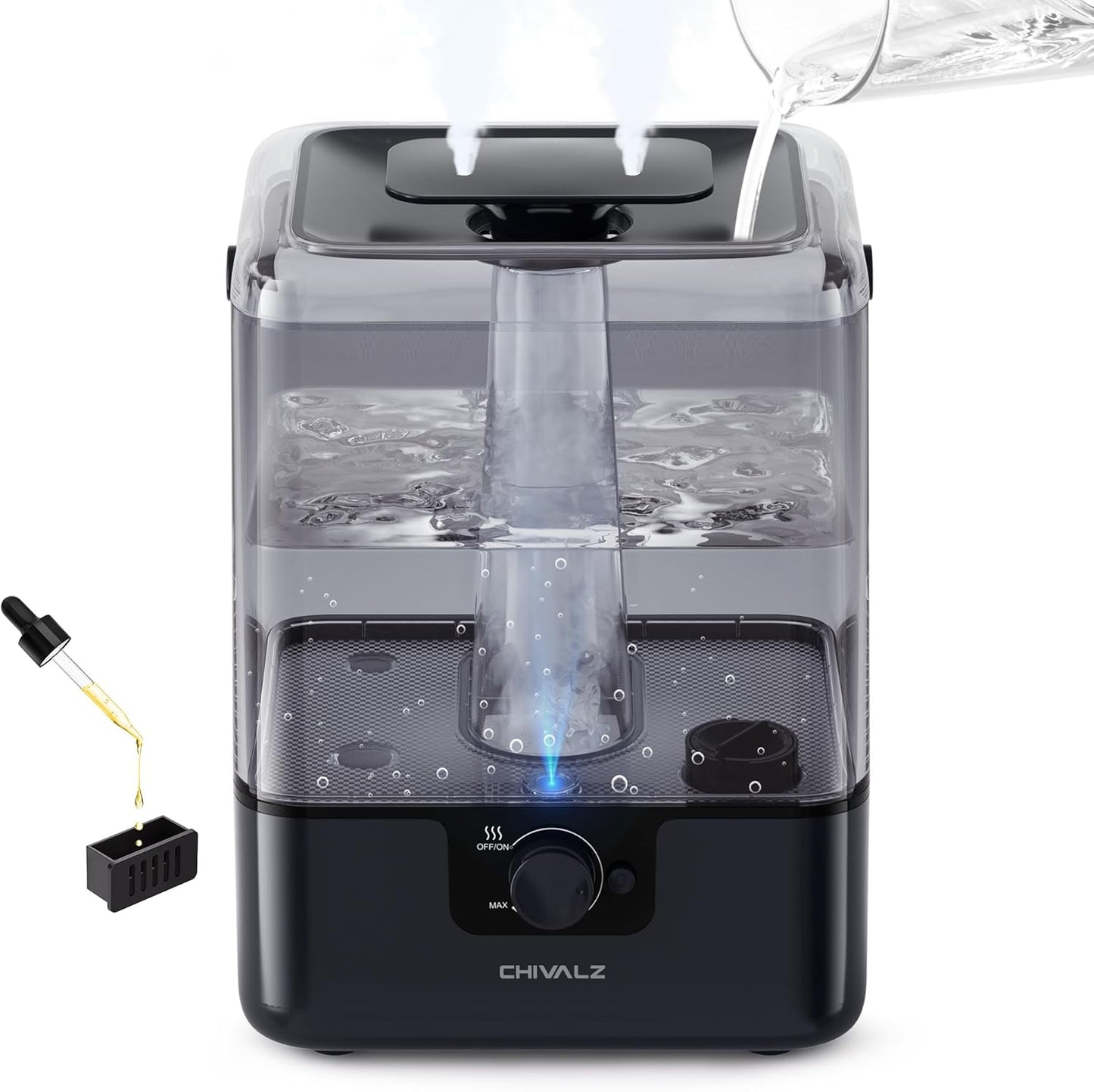 CHIVALZ 6L Humidifiers for Bedroom Large Room Home, Cool Mist Top Fill Humidifiers for Baby Nursery and Plants, 26dB Quiet, Nightlight, Up to 50 Hours, Oil Diffuser 1 Pack + 2 Mist Outlets Black